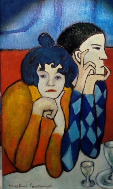 Painting titled "pierrot et sa compa…" by Martine Fournier, Original Artwork, Oil