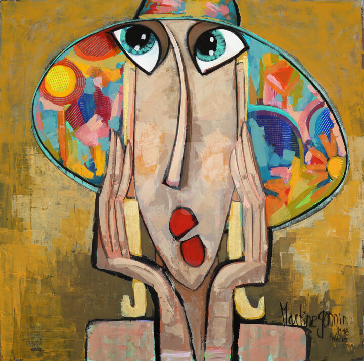Peinture intitulée "¨FILLE AU CHAPEAU F…" par Martine Gonnin Halloint, Œuvre d'art originale,