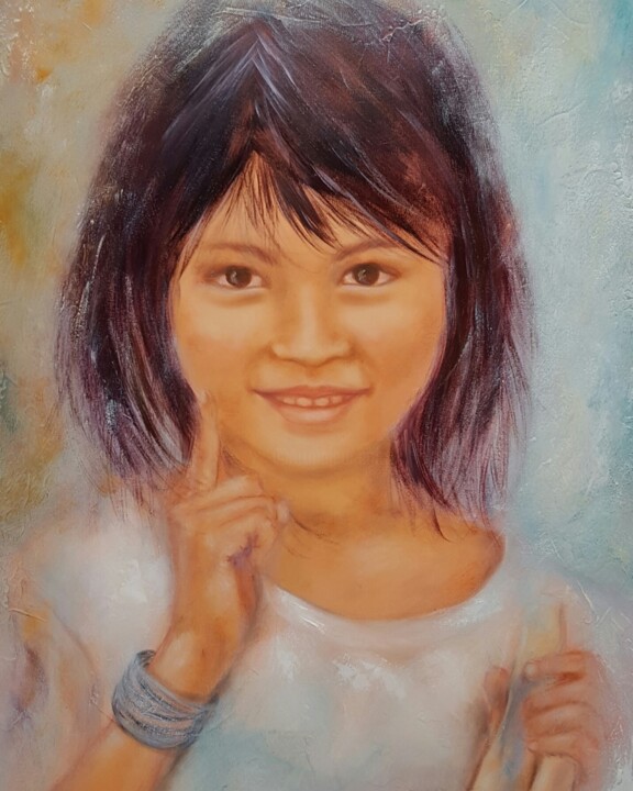 Painting titled "Sourire d'enfant" by Martine Gregoire, Original Artwork, Oil Mounted on Wood Stretcher frame