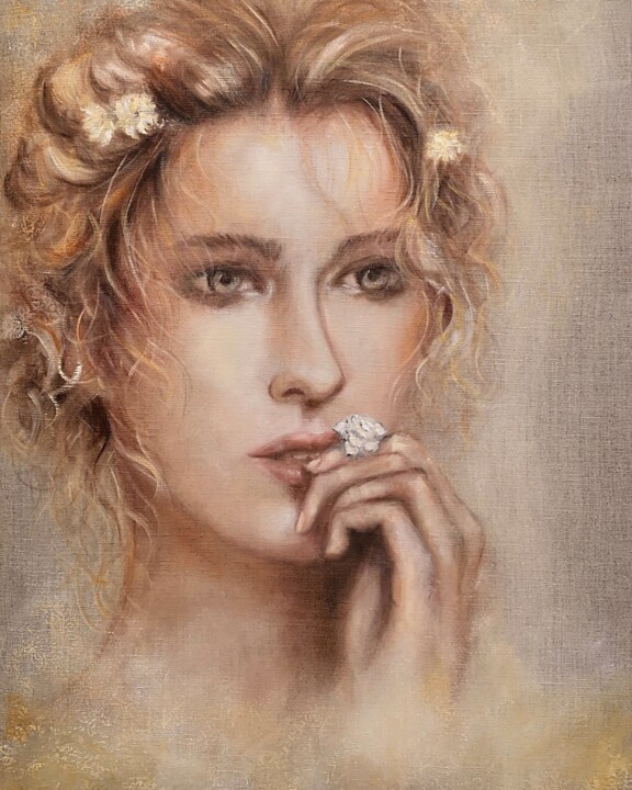 Pintura intitulada "PENSIVE" por Martine Gregoire, Obras de arte originais, Óleo Montado em Armação em madeira