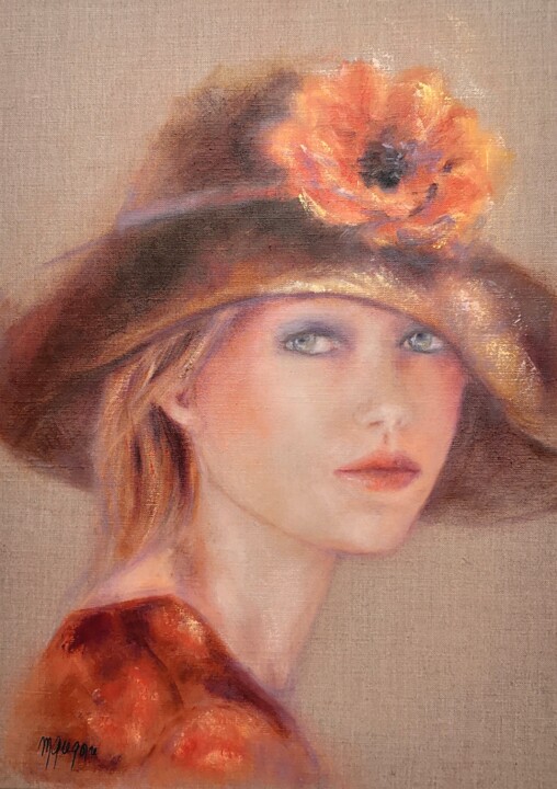 Painting titled "Chapeau et fleur or…" by Martine Gregoire, Original Artwork, Oil Mounted on Wood Stretcher frame