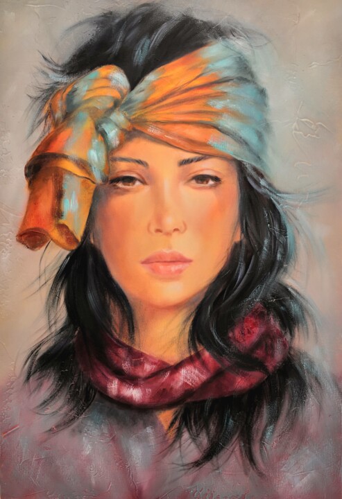 Painting titled "Turban et foulard" by Martine Gregoire, Original Artwork, Oil