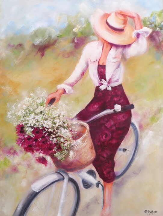 Painting titled "Élégante à bicyclet…" by Martine Gregoire, Original Artwork, Oil Mounted on Wood Stretcher frame