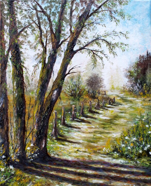 Painting titled "Chemin ensoleillé" by Martine Lacotte, Original Artwork, Oil