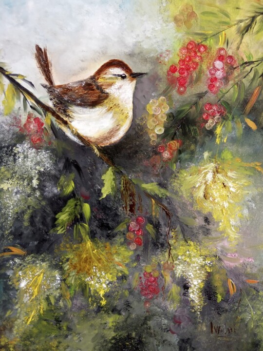 Painting titled "L'oiseau gourmand" by Martine Lacotte, Original Artwork, Oil
