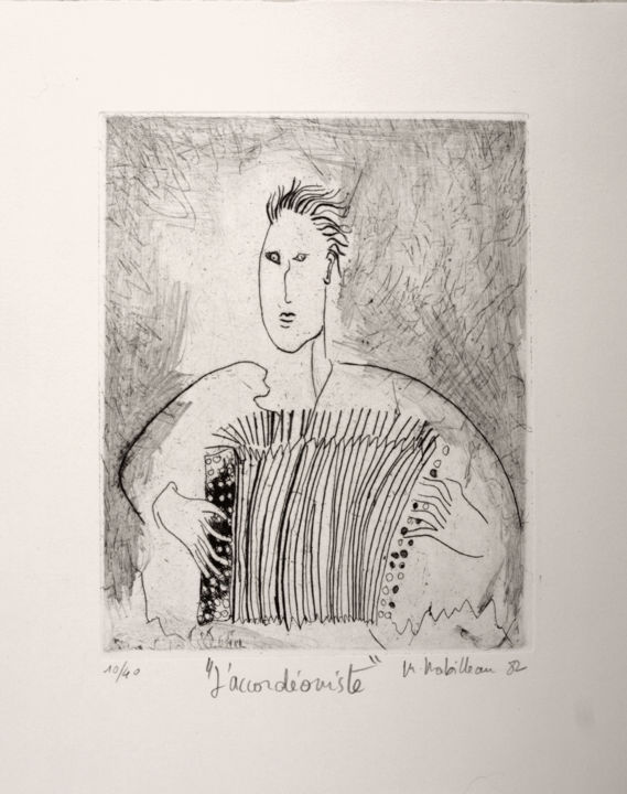 Gravures & estampes intitulée "L'Accordéoniste" par Martine Mabilleau, Œuvre d'art originale, Eau-forte