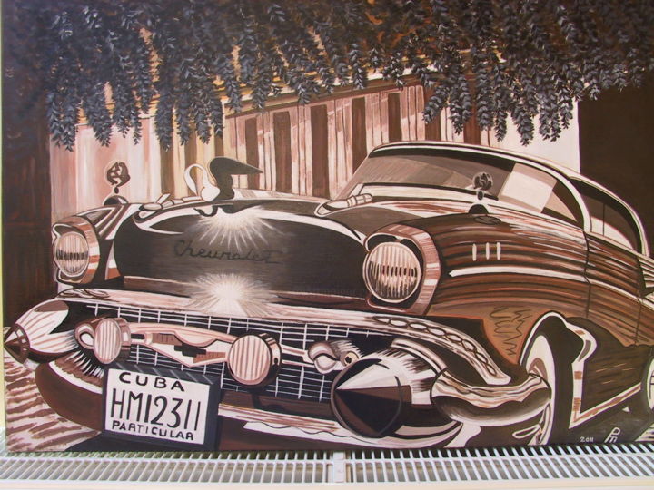 Painting titled "voiture americaine" by Martine Ragot, Original Artwork, Acrylic Mounted on Wood Stretcher frame
