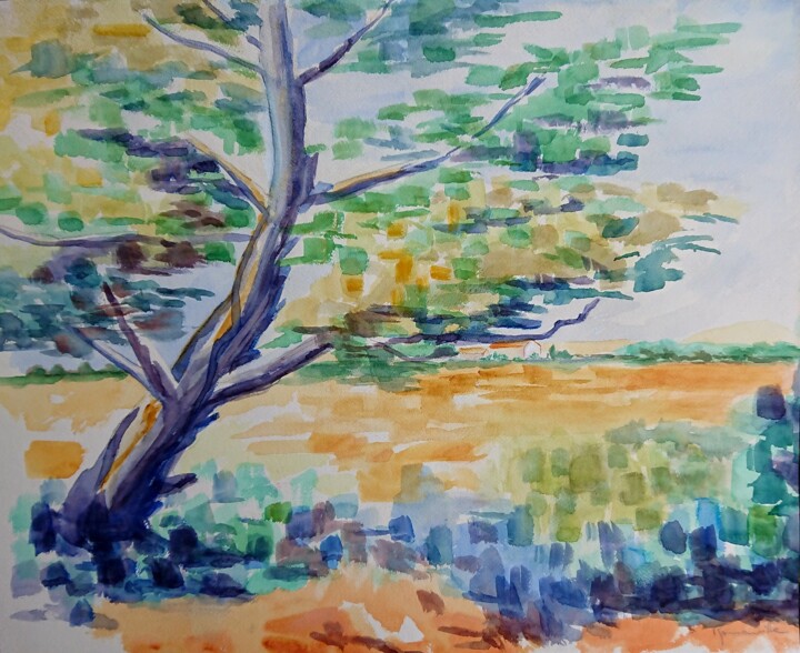 Painting titled "L'arbre." by Martine Romainville, Original Artwork, Watercolor