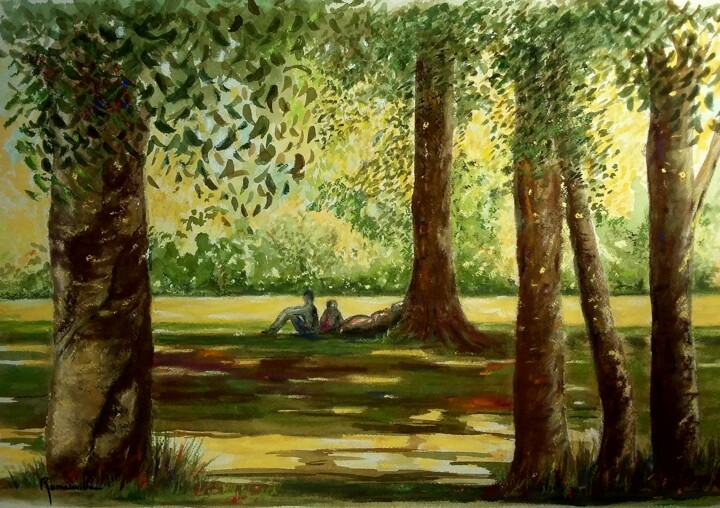 Peinture intitulée "Sous bois" par Martine Romainville, Œuvre d'art originale, Aquarelle