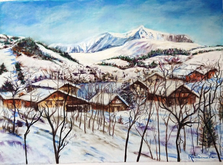 Peinture intitulée "Village sous la nei…" par Martine Romainville, Œuvre d'art originale, Pastel