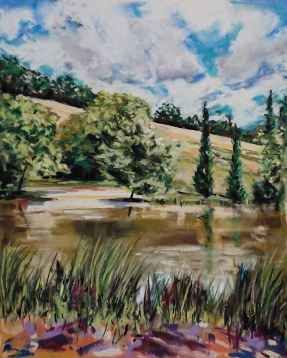 Painting titled "Le lac" by Martine Romainville, Original Artwork, Pastel
