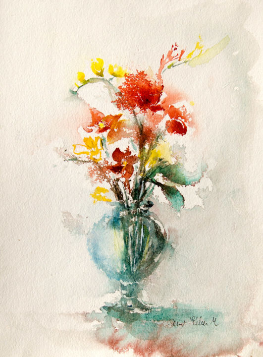 Peinture intitulée "Vase de fleurs" par Martine Saint Ellier, Œuvre d'art originale, Aquarelle
