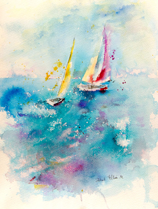Painting titled "Mer turquoise" by Martine Saint Ellier, Original Artwork, Watercolor