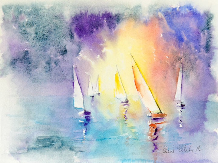 Painting titled "Voiliers" by Martine Saint Ellier, Original Artwork, Watercolor