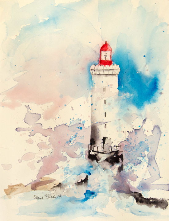 Painting titled "Phare" by Martine Saint Ellier, Original Artwork, Watercolor