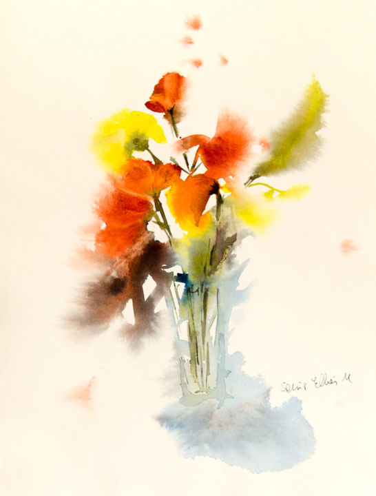 Pintura titulada "bouquet orange N°1" por Martine Saint Ellier, Obra de arte original, Acuarela