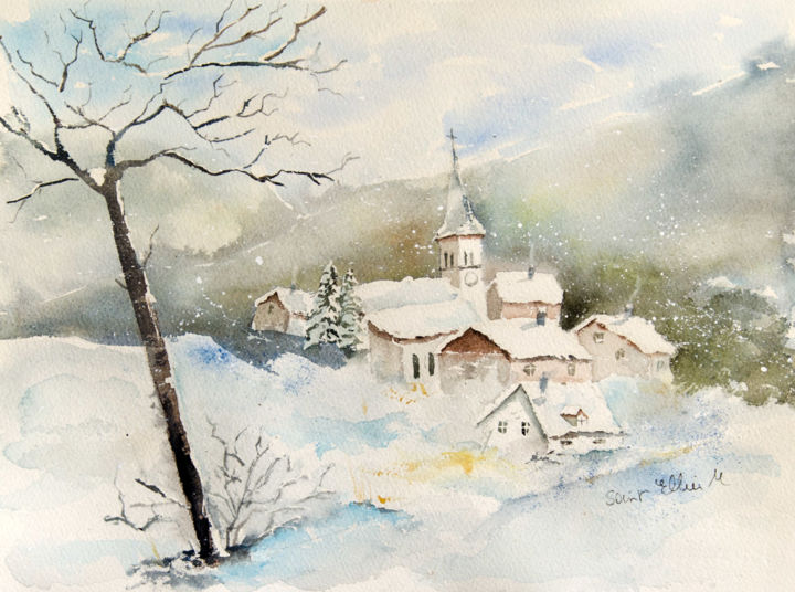 Painting titled "Village sous la nei…" by Martine Saint Ellier, Original Artwork, Watercolor