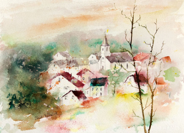 Painting titled "Village aux toits r…" by Martine Saint Ellier, Original Artwork, Watercolor