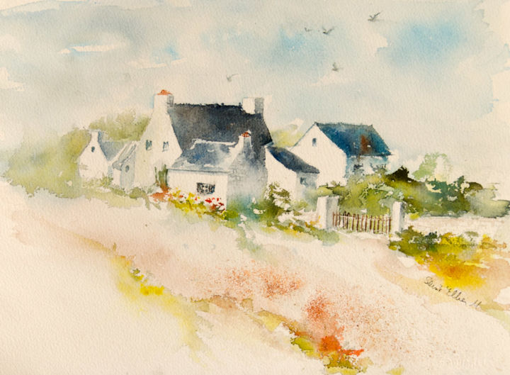 Painting titled "Maisons Bretonnes" by Martine Saint Ellier, Original Artwork, Watercolor