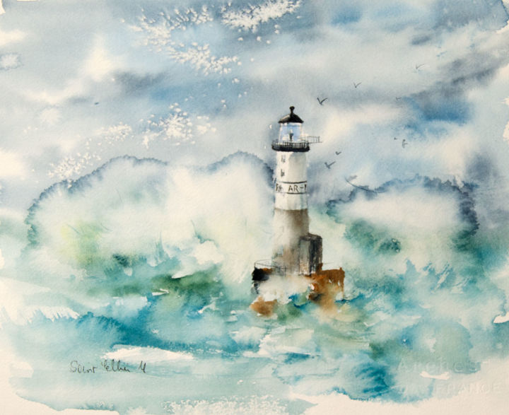 Peinture intitulée "Phare d'Ar-Men #120…" par Martine Saint Ellier, Œuvre d'art originale, Aquarelle