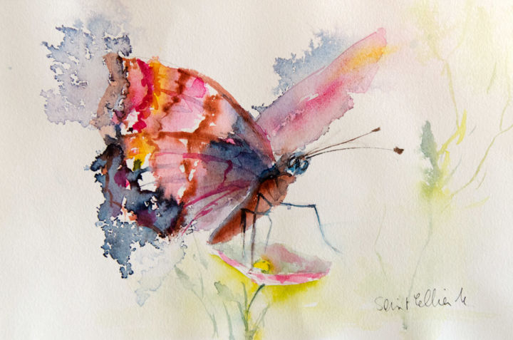 Peinture intitulée "le papillon sur la…" par Martine Saint Ellier, Œuvre d'art originale, Aquarelle