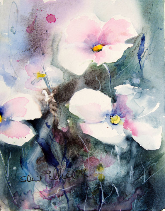 Painting titled "Rose et blanc" by Martine Saint Ellier, Original Artwork, Watercolor