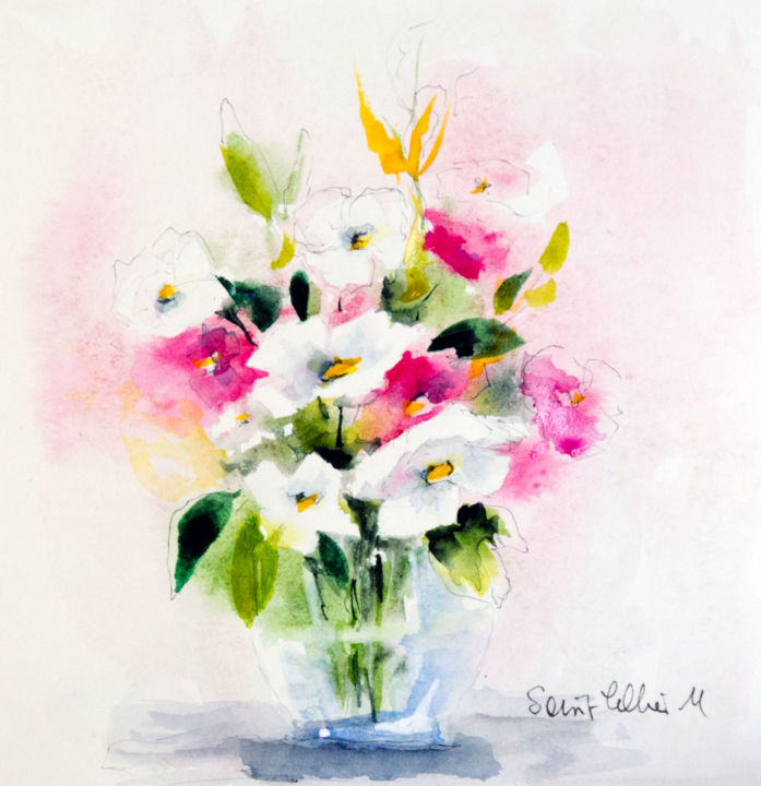 Pintura intitulada "Rose et blanc II" por Martine Saint Ellier, Obras de arte originais, Aquarela