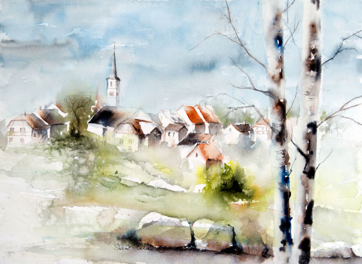 Painting titled "Village II" by Martine Saint Ellier, Original Artwork, Watercolor