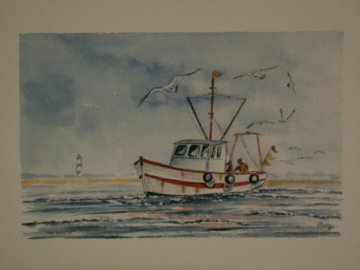 Painting titled "Bateau de pêche au…" by Martine Salmon, Original Artwork