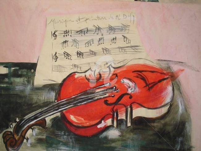 Peinture intitulée "le violon rouge" par Martine Vigroux, Œuvre d'art originale, Gouache