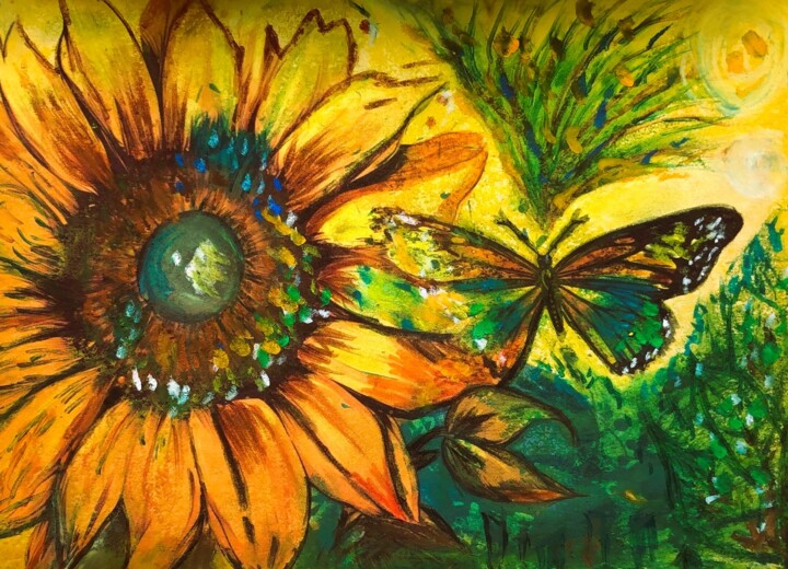 Disegno intitolato "Sunflower & Butterf…" da Martine Weber, Opera d'arte originale, Pastello