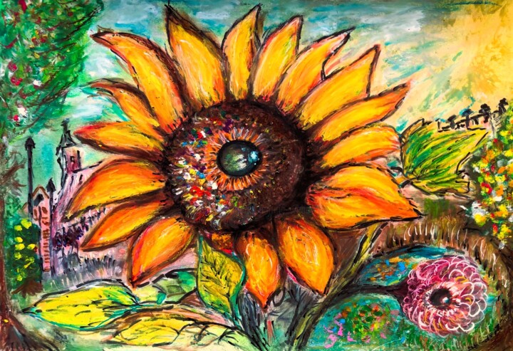 Drawing titled "Just a sunflower" by Martine Weber, Original Artwork, Pastel