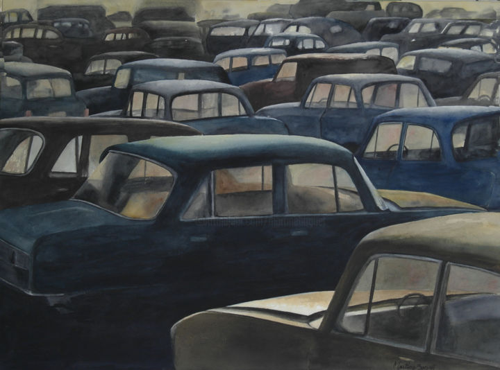 Painting titled "Parking.jpg" by Martine Boguet, Original Artwork, Watercolor Mounted on Wood Stretcher frame