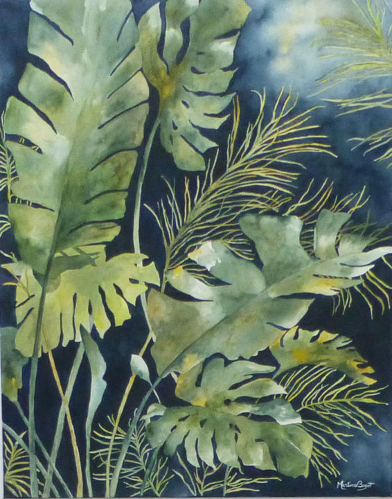Peinture intitulée "Feuilles vertes" par Martine Boguet, Œuvre d'art originale, Aquarelle Monté sur Châssis en bois