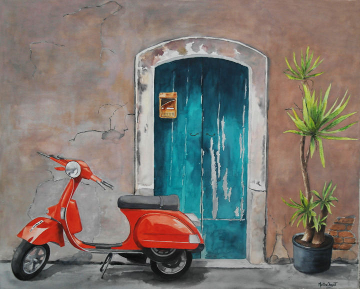 Painting titled "Vespa rouge" by Martine Boguet, Original Artwork, Watercolor Mounted on Wood Stretcher frame