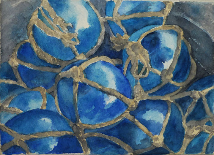 Painting titled "Boules bleues" by Martine Boguet, Original Artwork, Watercolor Mounted on Wood Stretcher frame