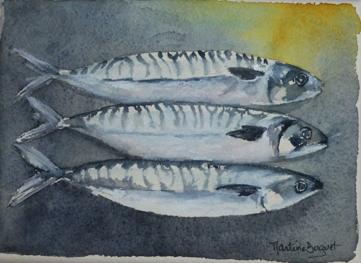 Peinture intitulée "Sardines" par Martine Boguet, Œuvre d'art originale, Aquarelle Monté sur Châssis en bois