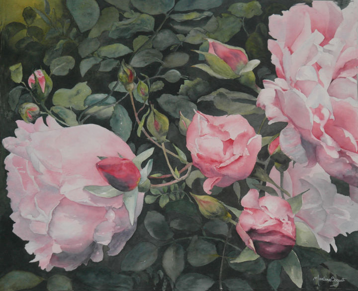 Картина под названием "Roses du jardin" - Martine Boguet, Подлинное произведение искусства, Акварель Установлен на Деревянна…