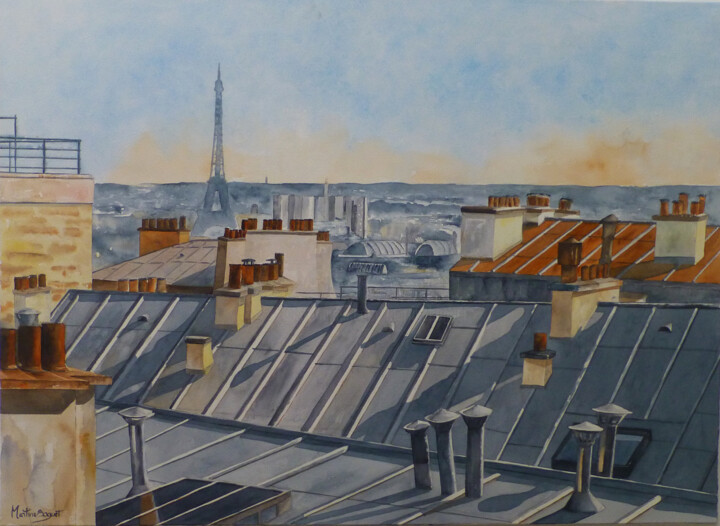 Painting titled "Toits de Paris" by Martine Boguet, Original Artwork, Watercolor Mounted on Wood Stretcher frame