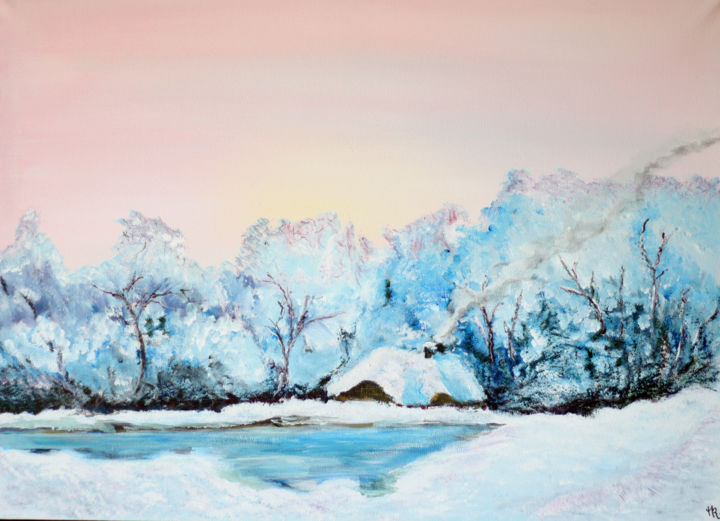 Painting titled "Paysage de neige" by Martine Rauzy, Original Artwork, Acrylic