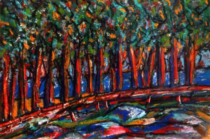 Painting titled "Red Trees" by Martin James, Original Artwork, Oil