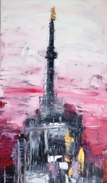 Peinture intitulée "Duomo nel cielo rosa" par Martino Negri, Œuvre d'art originale, Huile