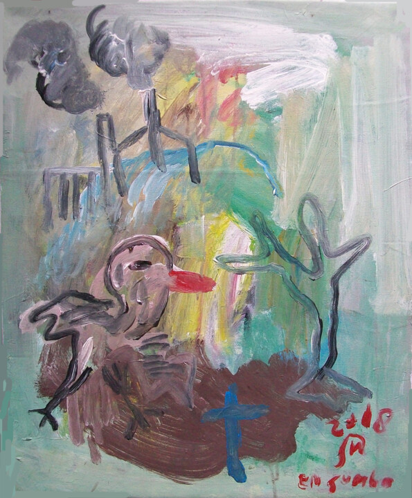 Painting titled "Little Bird with Bl…" by Martinus Sumbaji, Original Artwork, Acrylic