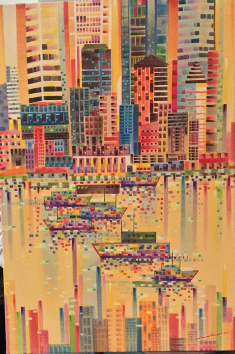 Painting titled "The Pier, Singapore" by Martin Wood-Malacca, Original Artwork, Acrylic