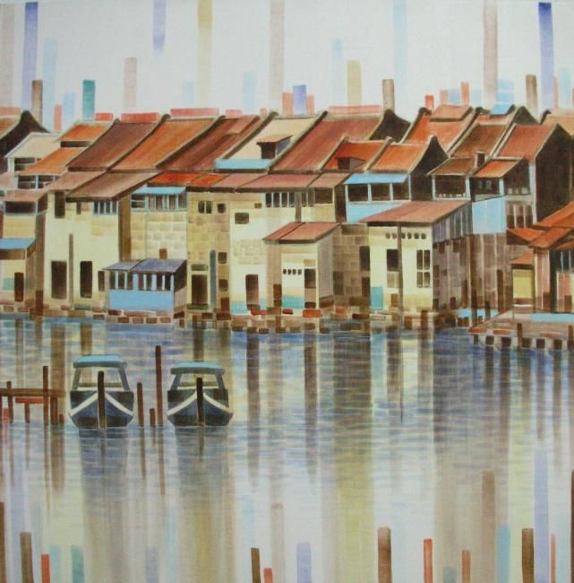 Pintura intitulada "River Houses,Malacca" por Martin Wood-Malacca, Obras de arte originais, Acrílico