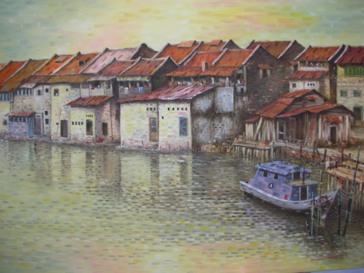 Pintura intitulada "Malacca River, Mala…" por Martin Wood-Malacca, Obras de arte originais, Óleo