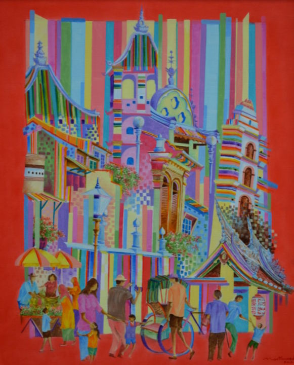 Painting titled "Harmony Street, Mal…" by Martin Wood-Malacca, Original Artwork, Acrylic