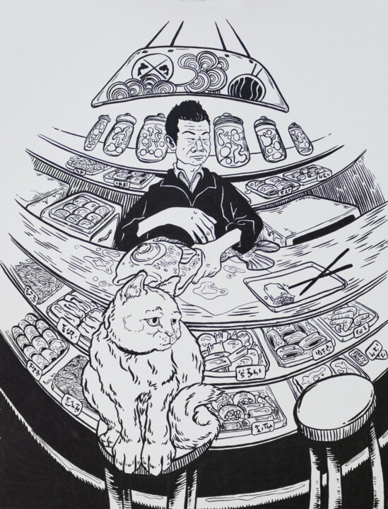 Disegno intitolato "Le chat du magasin…" da Marty Crouz, Opera d'arte originale, Inchiostro