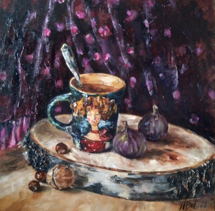 Peinture intitulée "Cup of tea and figs" par Maria Bel, Œuvre d'art originale, Huile Monté sur Carton