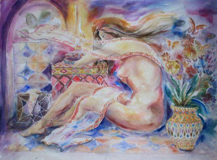 Painting titled "Méditation" by Marwanart, Original Artwork, Watercolor